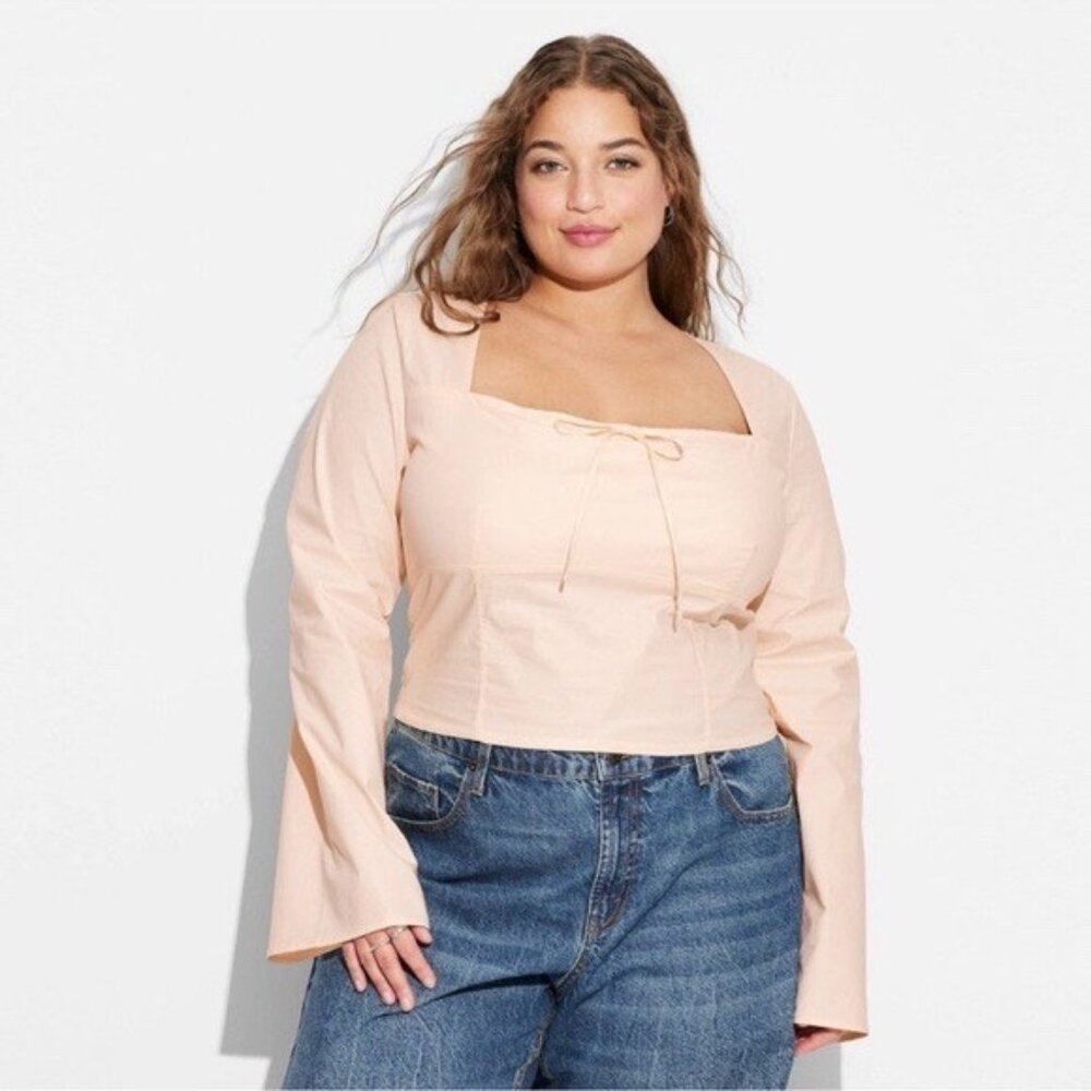 Wild Fable NWT Long Sleeve Cotton Milkmaid Top Peach Women's Plus Size Blouse